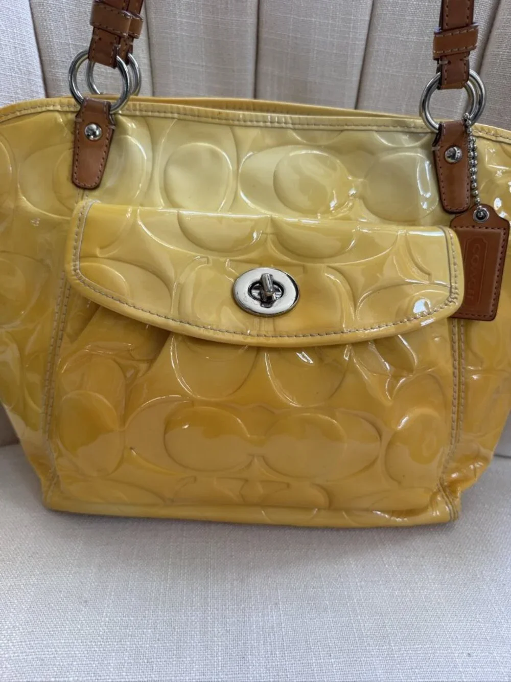 Coach Yellow Brown Leather Shoulder Bag Medium Patent Embossed Logo